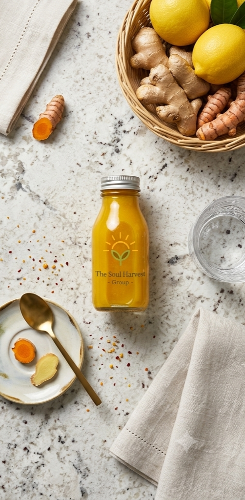 Ginger Ninja shots surrounded by fresh ginger, lemon and turmeric — the soul of our ingredients