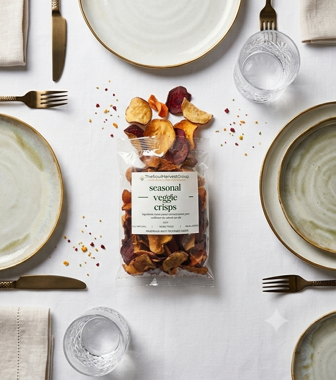 Seasonal Veggie Crisps at a beautifully set table — the future of Soul Harvest in premium hospitality